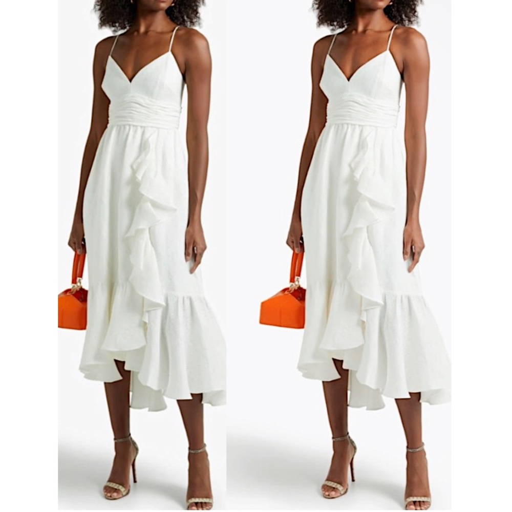 THEIA ruffled jacquard midi dress